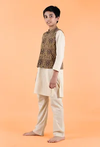 Finn Khaki Ajrakh Print Cotton Nehru Jacket image 3