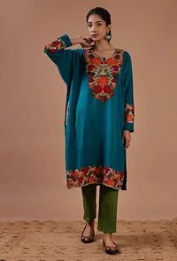 Teal Blue Woolen Ari Embroidered Phiran- Free Size image 2