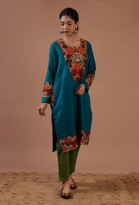 Teal Blue Woolen Ari Embroidered Phiran- Free Size image 3