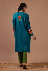 Teal Blue Woolen Ari Embroidered Phiran- Free Size image 4