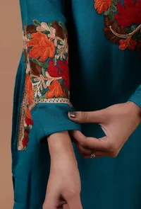 Teal Blue Woolen Ari Embroidered Phiran- Free Size image 6