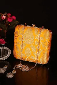 Yellow Brocade Box Clutch with Sling (6.5 X 2 X 6) image 1