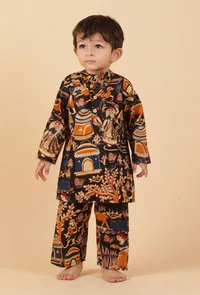 Set Of 2: Mason Black Kalamkari Printed Cotton Kurta & Pyjama image 1
