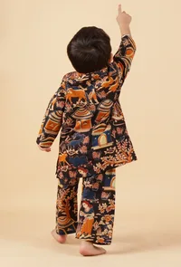 Set Of 2: Mason Black Kalamkari Printed Cotton Kurta & Pyjama image 3