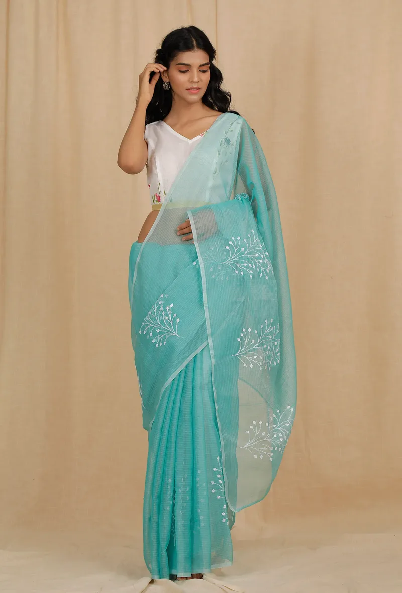 Set Of 2: Turquoise Blue Kota Doria Cotton Saree With 
Embroidered Stitched Blouse