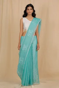 Set Of 2: Turquoise Blue Kota Doria Cotton Saree With 
Embroidered Stitched Blouse image 2