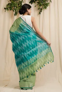 Set Of 2: Turquoise Blue Kota Doria Cotton Saree With 
Embroidered Stitched Blouse image 3