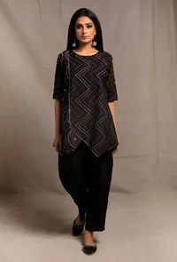 Set of 2: Black Hand Block Printed & Embroidered Short Tunic with Black Flex Narrow Pants image 1