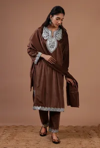 Purple Brown Velvet Zari Embroidered Kurta, Pant And Dupatta Set- Free Size image 1