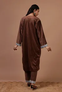 Purple Brown Velvet Zari Embroidered Kurta, Pant And Dupatta Set- Free Size image 4