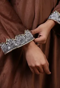 Purple Brown Velvet Zari Embroidered Kurta, Pant And Dupatta Set- Free Size image 5