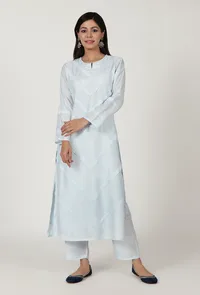Women Sky Blue Cotton Kurta image 3