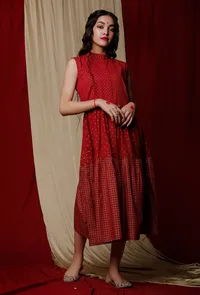 3 Print Maroon Gold Printed Cotton Dress image 1