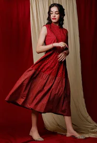 3 Print Maroon Gold Printed Cotton Dress image 2