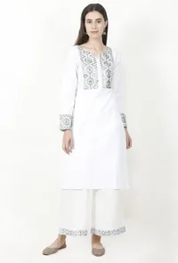 White Kurta With Olive Green Kantha Work image 1