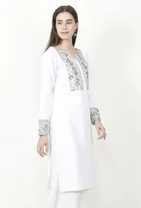 White Kurta With Olive Green Kantha Work image 3