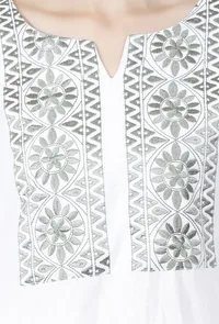White Kurta With Olive Green Kantha Work image 6