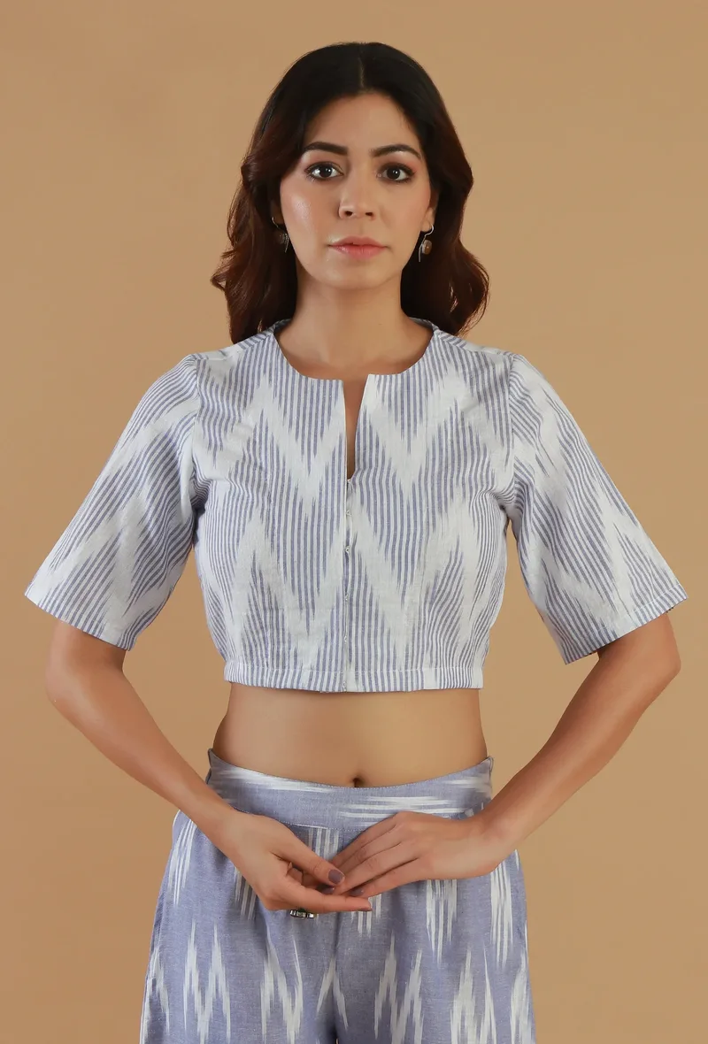 Blue Ikat Cotton Crop Blouse