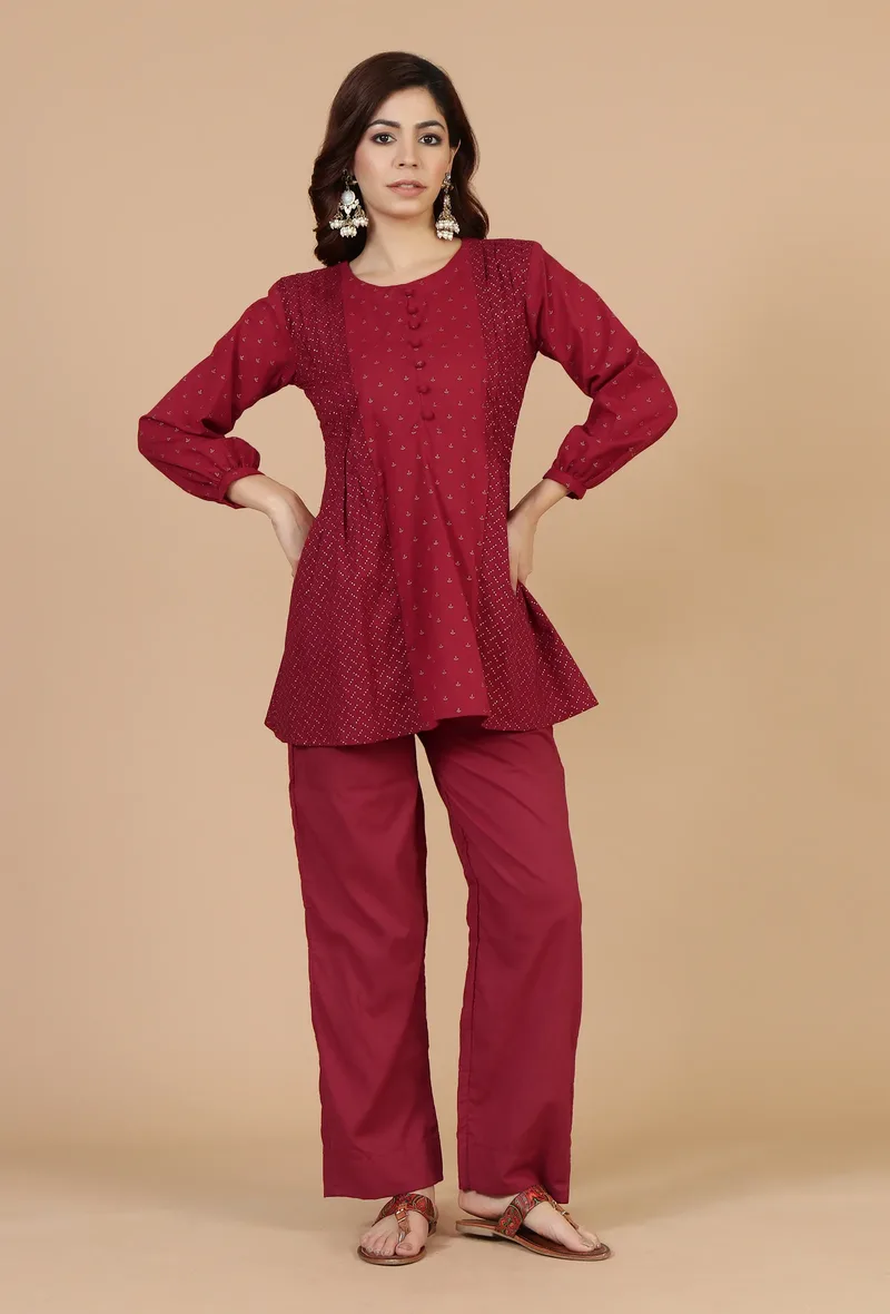 Set of 2: Maroon Gathered Peplum Top & Straight Cotton Pants