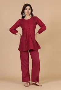 Set of 2: Maroon Gathered Peplum Top & Straight Cotton Pants image 1