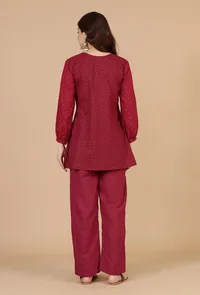 Set of 2: Maroon Gathered Peplum Top & Straight Cotton Pants image 3