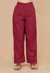 Set of 2: Maroon Gathered Peplum Top & Straight Cotton Pants image 4