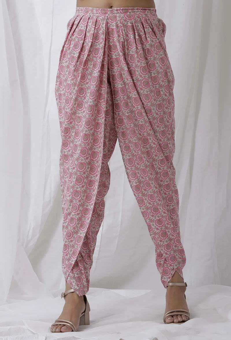 Pink Floral Handblock Cotton Dhoti