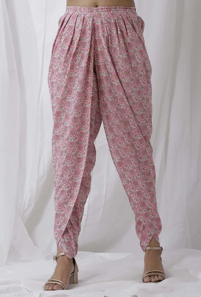 Pink Floral Handblock Cotton Dhoti