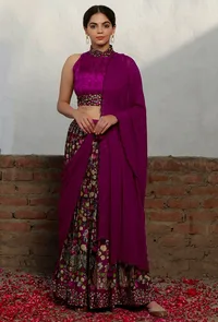 Set Of 3: Plum Kalamkari Printed Cotton Silk High Neck Crop Blouse With Printed Cotton Silk  Long Skirt & Georgette Dupatta. image 2