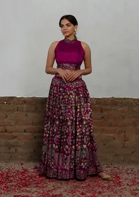 Set Of 3: Plum Kalamkari Printed Cotton Silk High Neck Crop Blouse With Printed Cotton Silk  Long Skirt & Georgette Dupatta. image 3