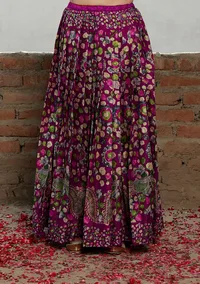 Set Of 3: Plum Kalamkari Printed Cotton Silk High Neck Crop Blouse With Printed Cotton Silk  Long Skirt & Georgette Dupatta. image 5