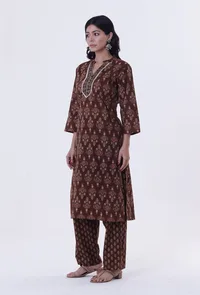 Set Of 2: Brown & Multicolor Cotton Block Printed Kurta & Pant image 1