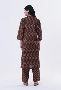 Set Of 2: Brown & Multicolor Cotton Block Printed Kurta & Pant image 4