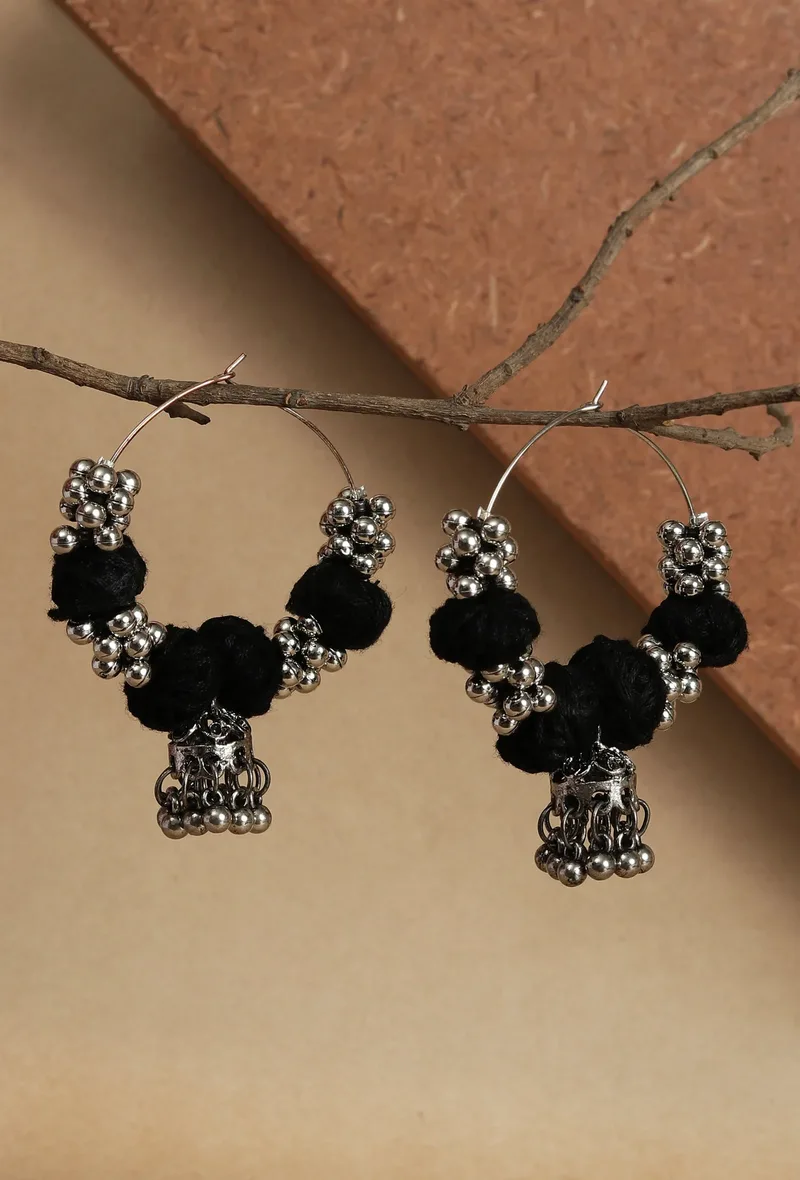 Boho Black Silver Hoop Earrings