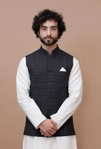 Black Check Woolen Nehru Jacket image 1