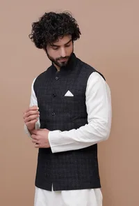 Black Check Woolen Nehru Jacket image 2