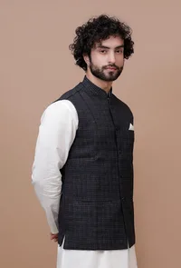 Black Check Woolen Nehru Jacket image 3