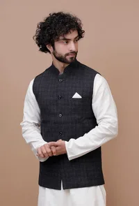 Black Check Woolen Nehru Jacket image 5