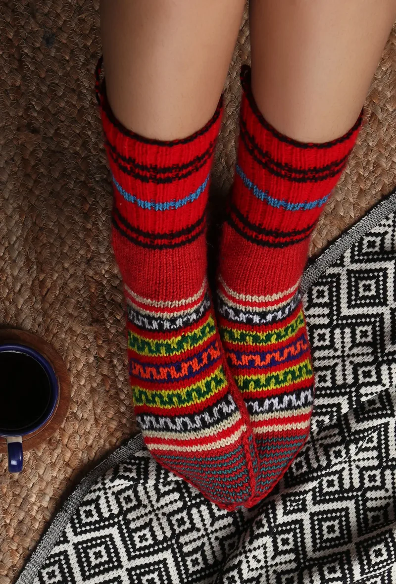 Red & Multi Woolen Knitted Multicolor Winter Socks