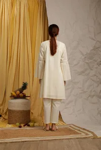 Set Of 2: Off White Cotton Schiffli Flared Tunic & Narrow Pants image 2