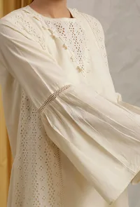 Set Of 2: Off White Cotton Schiffli Flared Tunic & Narrow Pants image 5