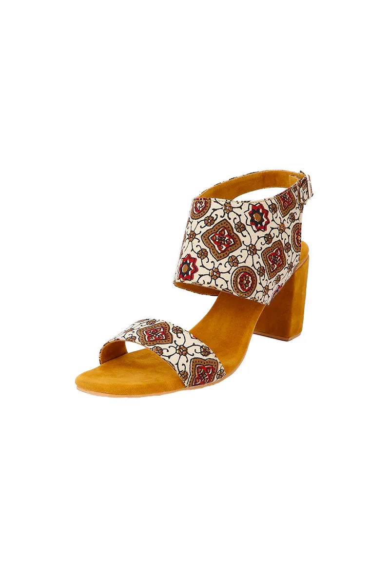 Honey Yellow Ajrakh Cotton Strappy Block Heels In Suede