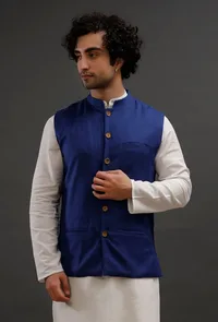 Prussian Blue Woollen Blend Nehru Jacket image 1