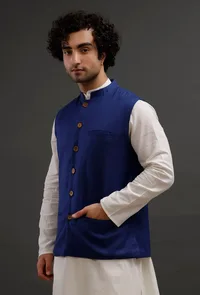 Prussian Blue Woollen Blend Nehru Jacket image 2