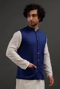 Prussian Blue Woollen Blend Nehru Jacket image 3