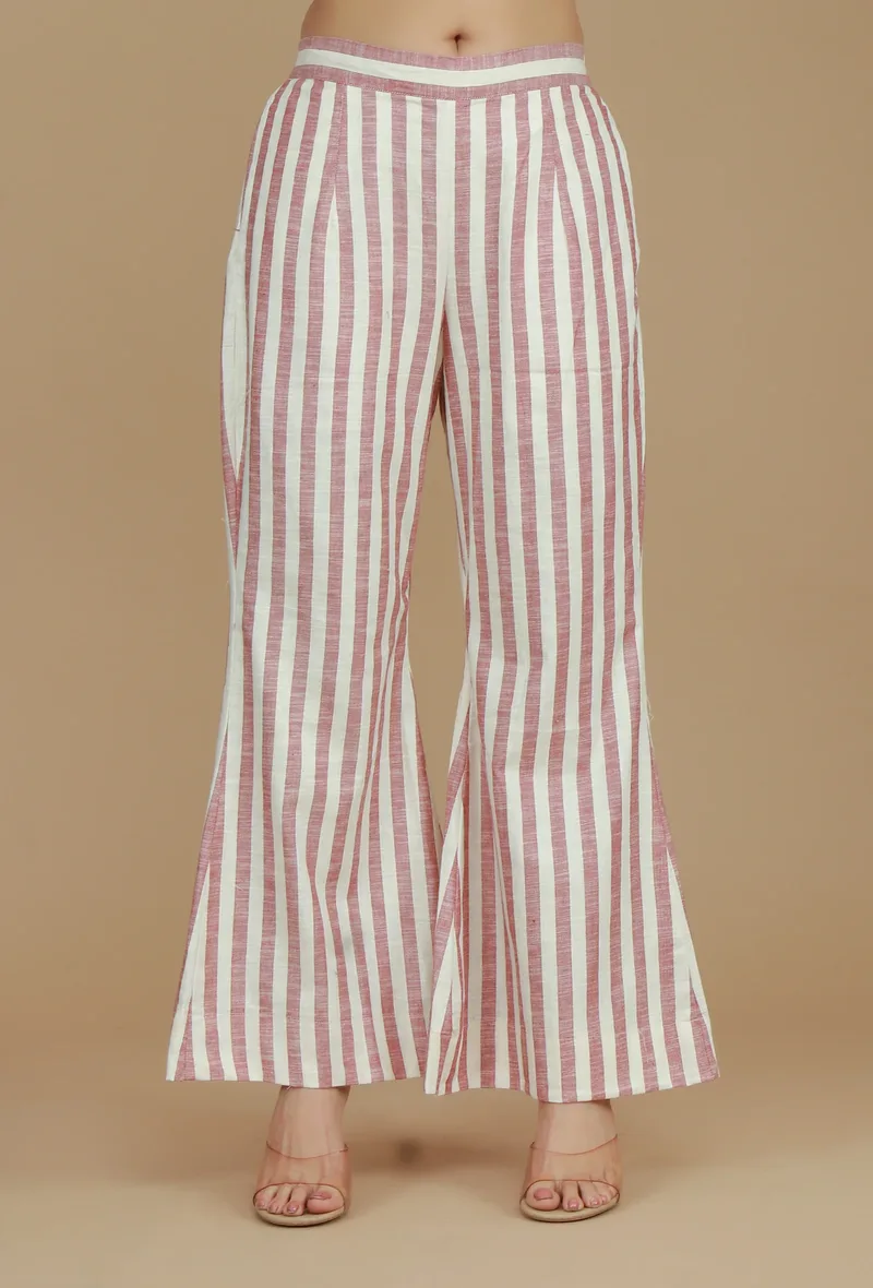 Rose & Ivory Striped Wide-Leg Cotton Viscose Pants
