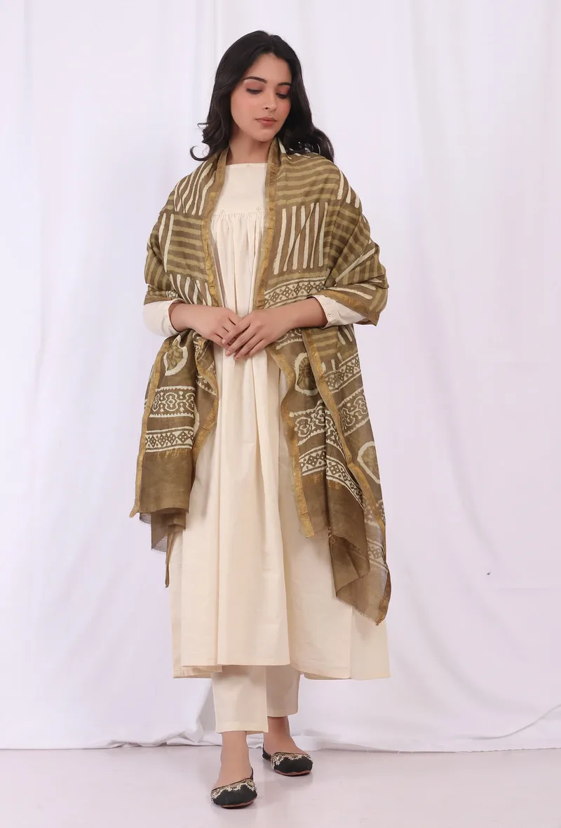 Sage Brown Pure Bagru Chanderi Silk Dupatta