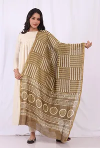 Sage Brown Pure Bagru Chanderi Silk Dupatta image 2
