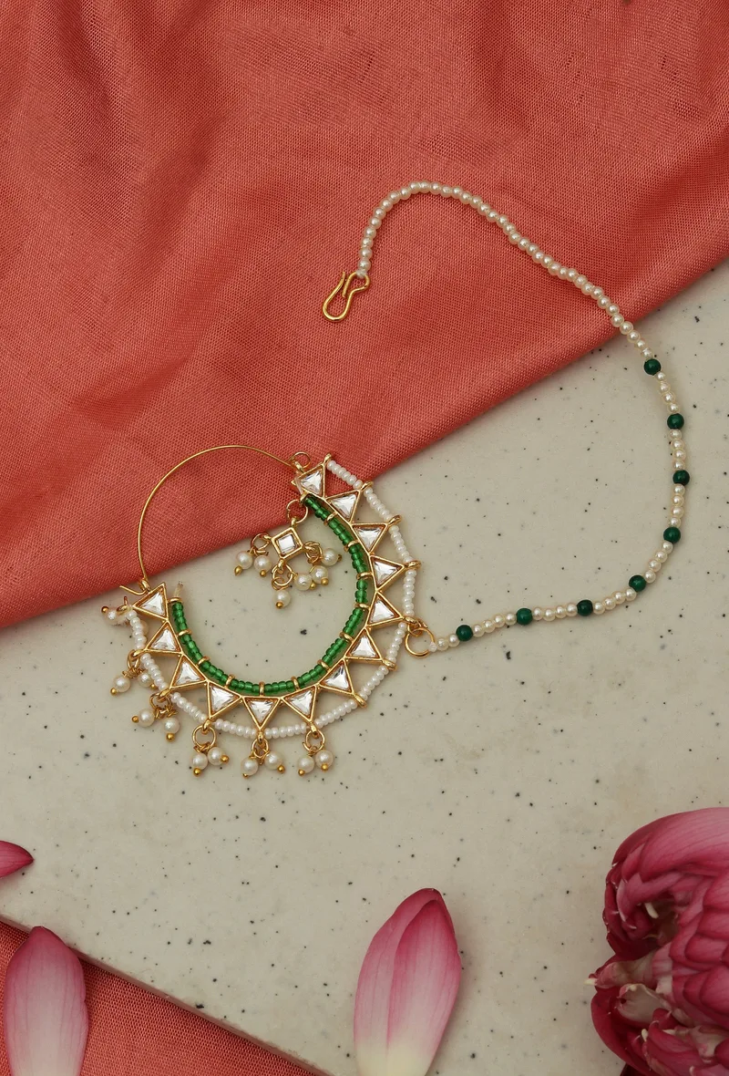 Gold Plated Kundan Nath with Green Beads and Pearl Chain