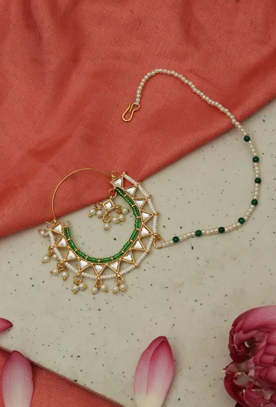 Gold Plated Kundan Nath with Green Beads and Pearl Chain